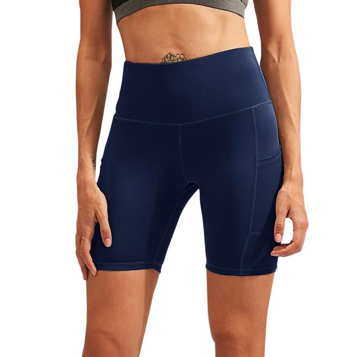 Women Quick Dry Yoga Shorts Compression Workout Tights Gym Training Fitness Sport Shorts Side Pockets Tummy Control Running Leggings