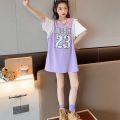 Summer Girls T T-shirt Skirt Mid-Length Korean Style False Two-Piece Basketball Wear Loose Fried Street Girls Sports Dress.
