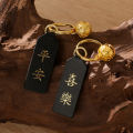 Hot key plate top layer cowhide car keychain with creative gift peace charm brass keyring keychain.