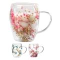 Mugs With Dry Flowers Double Wall 350ML Creative Double Wall Coffe Mug Real Dried Flower Filler Glass Handle Heat Heat Resistant.