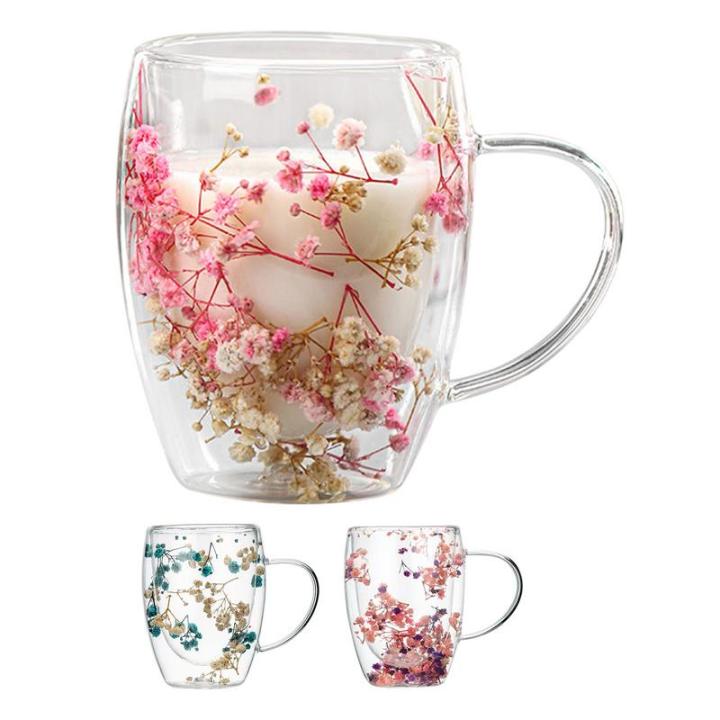 Mugs With Dry Flowers Double Wall 350ML Creative Double Wall Coffe Mug Real Dried Flower Filler Glass Handle Heat Heat Resistant