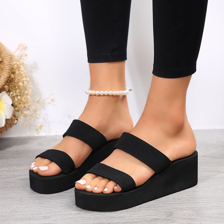 Wedge Heel Thick Sole Ladies Sandals High Heels Sandals Summer Casual Women  Shoes Beach Flip Flops Solid Slides Women Slippers