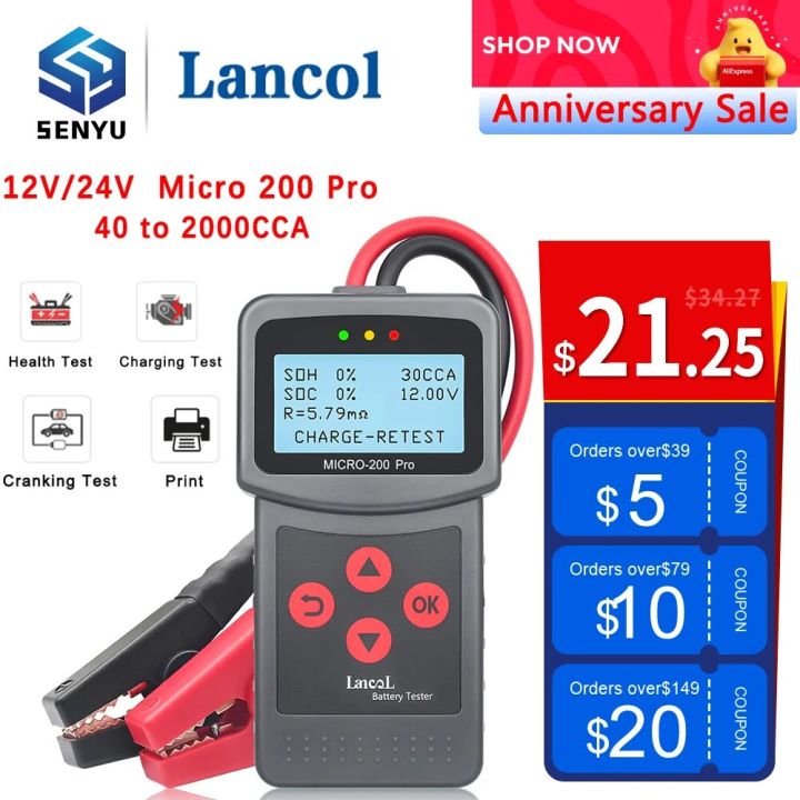 Lancol Micro 200 Pro 12V 24V Car Battery Tester 40-2000 CCA Cranking Charging Motorcycle Battery Analyzer Tools With LED Light