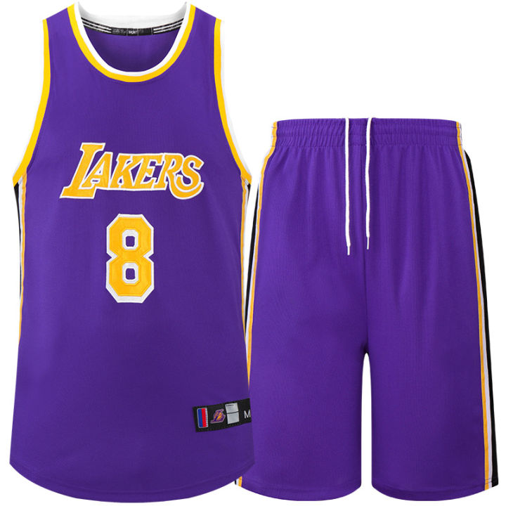 Lakers No.8 Kobe Bryant Mesh Embroidery Commemorative Yellow Purple White Round Neck Basketball Jersey Set