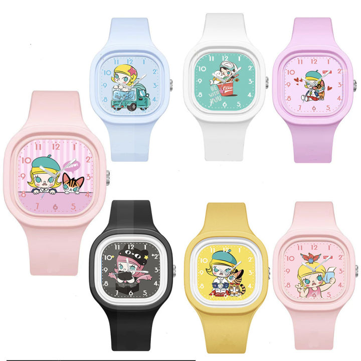 【Can last for 10 years】 Pop Mart Children's Watch Girls Cartoon Cute Square High Quality Skin Feeling Silicone Watch Quartz