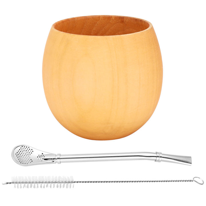 Handmade Wood Coffee Water Cup with Spoon Straw Brush 200ML(Light)