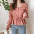 Women cute sweet peplum top slim waist a line belly design preppy style girls pink white button shirts blouses cotton D217.