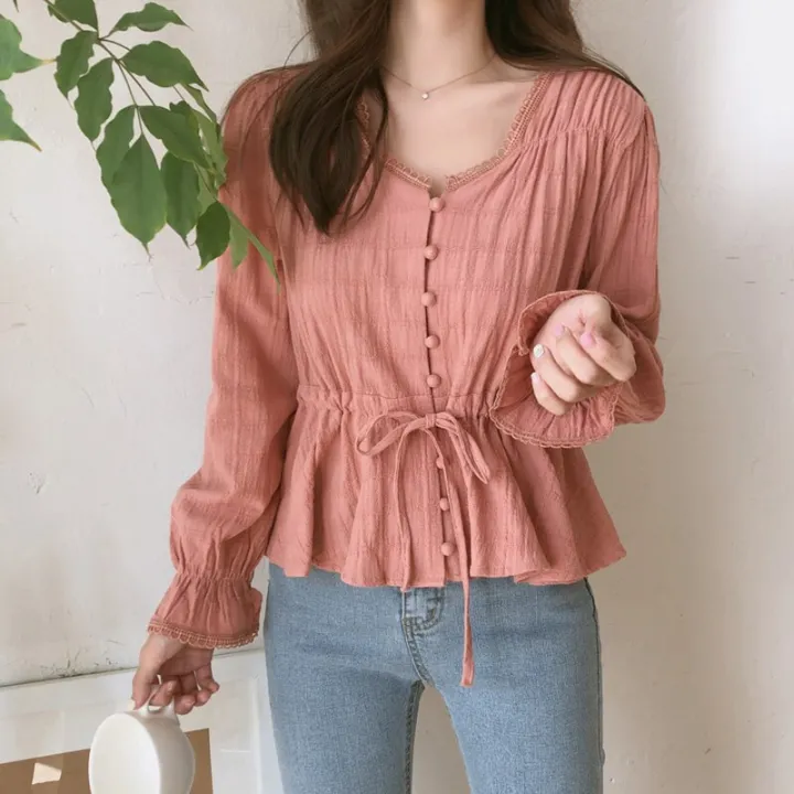 Women%20cute%20sweet%20peplum%20top%20slim%20waist%20a%20line%20belly%20design%20preppy%20style%20girls%20pink%20white%20button%20shirts%20blouses%20cotton%20D217%20-%20Image%204