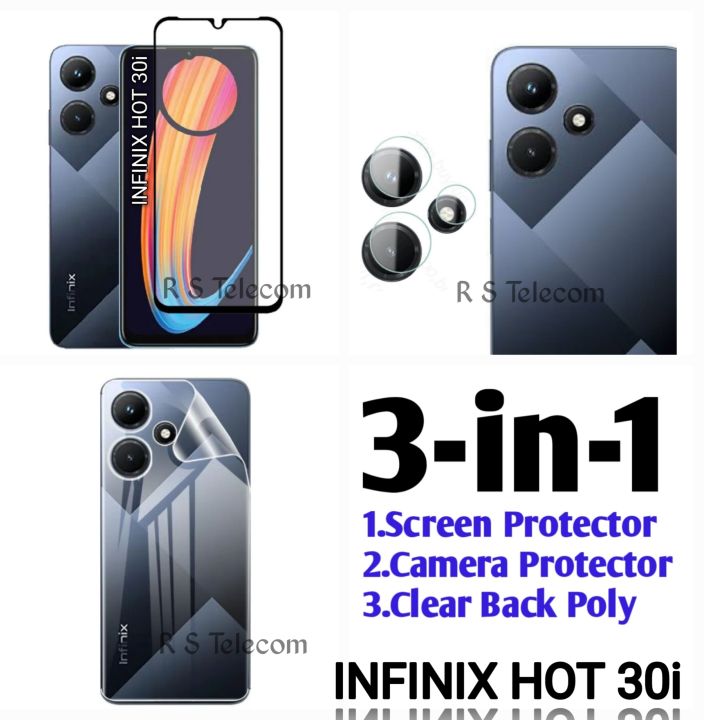 3-in-1 Combo Pack For Infinix Hot 30i Screen Protector 13D Glass+Camera Protector+Clear Back Poly
