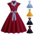 Women's Elegant Professional Dresses Retro Standing Neck Polka Dot Patchwork Double Breasted Large Swing Dress. 