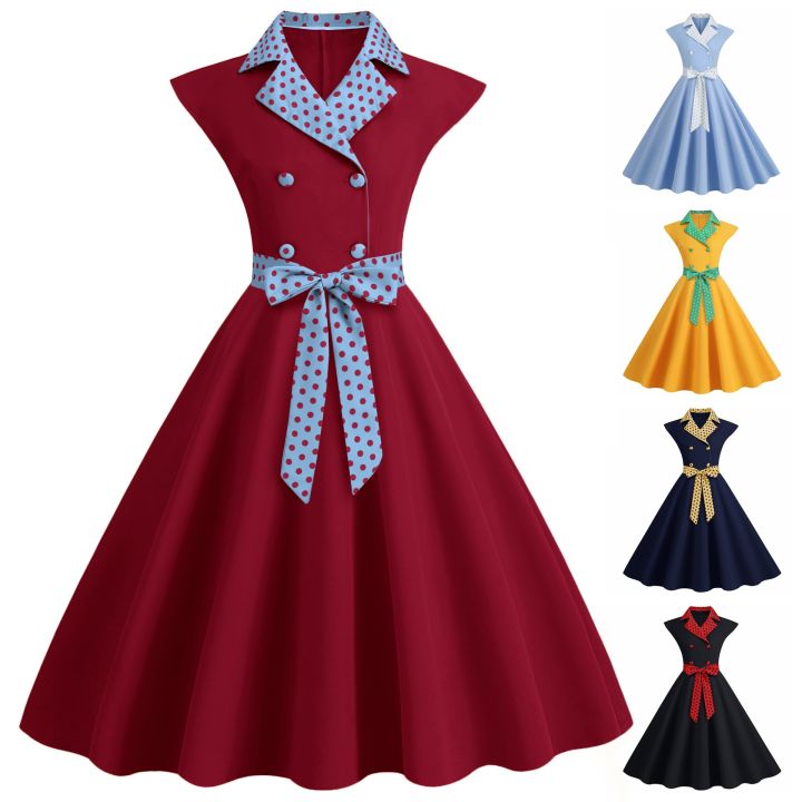 Women's%20Elegant%20Professional%20Dresses%20Retro%20Standing%20Neck%20Polka%20Dot%20Patchwork%20Double%20Breasted%20Large%20Swing%20Dress%20-%20Image%202