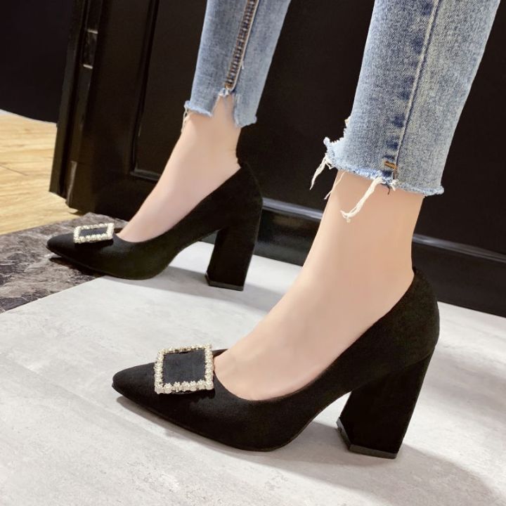 Professional Pointed Toe Pumps Work Mid Heel Black Chunky Heel
