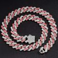 Men Women Pink Rhombus Cuban Chain Iced Out 2 Row Rhinestone Cuban Link Chain 14MM Prong Necklace Hiphop Jewelry.