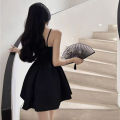 IELGY dress female rose oblique suspenders high waist tube top Hepburn little black dress. 