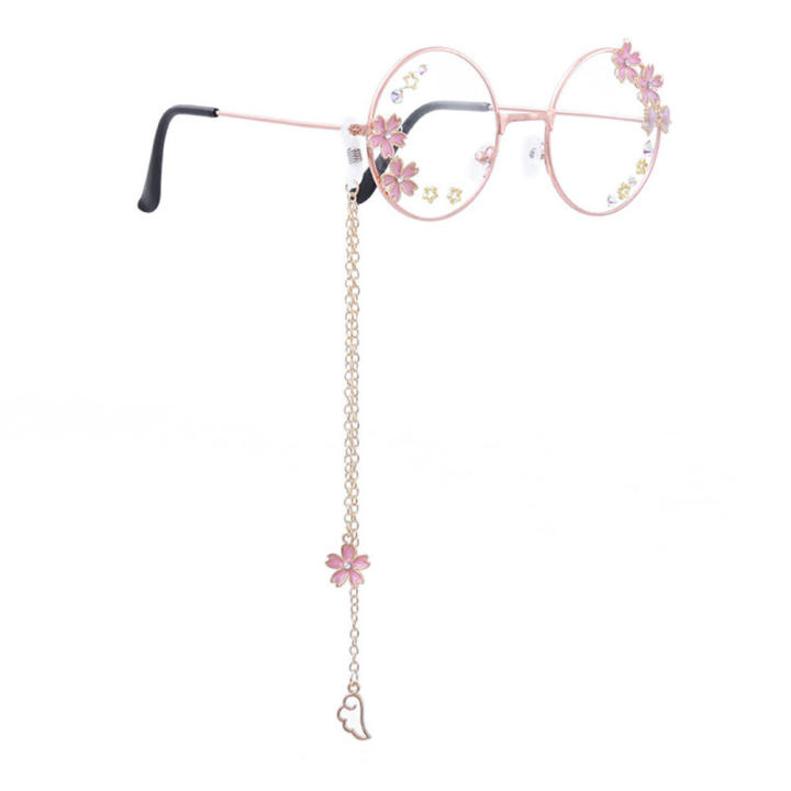 Eyeglasses Retro Round Glasses Lens for Men Women Metal Frame Kawaii Glasses With Chain Cosplay Cute Sakura