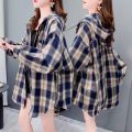 Hooded Plaid Shirt Women's New Loose Casual Korean Style Lazy Style Long Sleeve Top Coat.