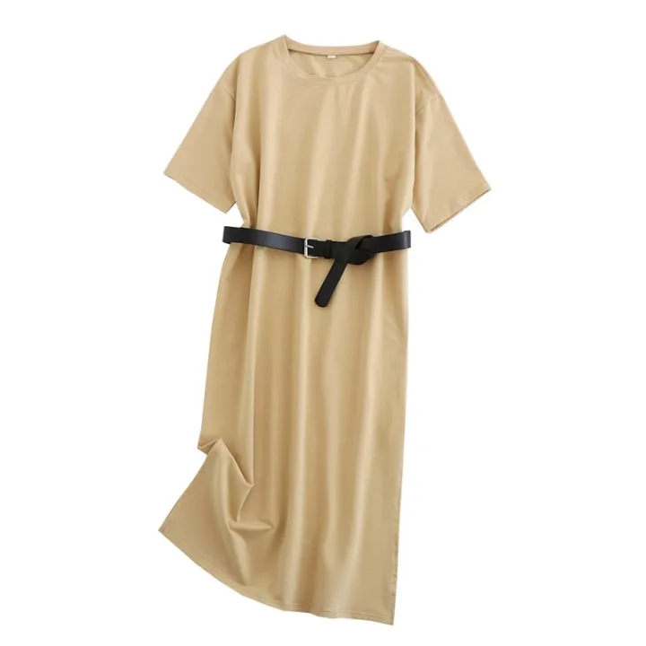Tangada%202021%20Women%20Elegant%2095%25%20Cotton%20Sweatshirt%20Dress%20Oversized%20Short%20Sleeve%20Side%20Open%20Ladies%20Midi%20Dress%206L60%20-%20Image%202