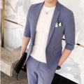 (Jackt+Pant)2021 Men Suits Half Sleeve Spring Summer Slim British Short Sleeve Blazer Coat Trend Male Designer Tuxedo 2 Pcs Set. 