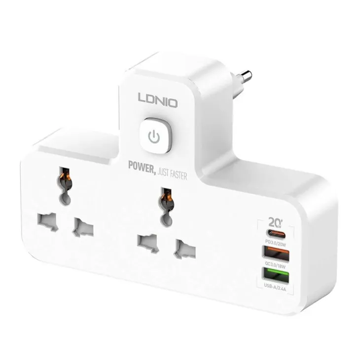 LDNIO SC-2311 20W 3-Port USB Charger HUB Extension Power Strip With 1 x 20W USB-C PD Power Delivery / 1x 18W USB QC3.0 / 1x USB-A & 2 Power Sockets with LED Touch Light