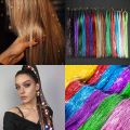 90cm Sparkle Hair Tinsel Rainbow Colored Strands Girls Headwear Hairbinge Hair Laser False Hair Extensions Decor Glitter Strips. 
