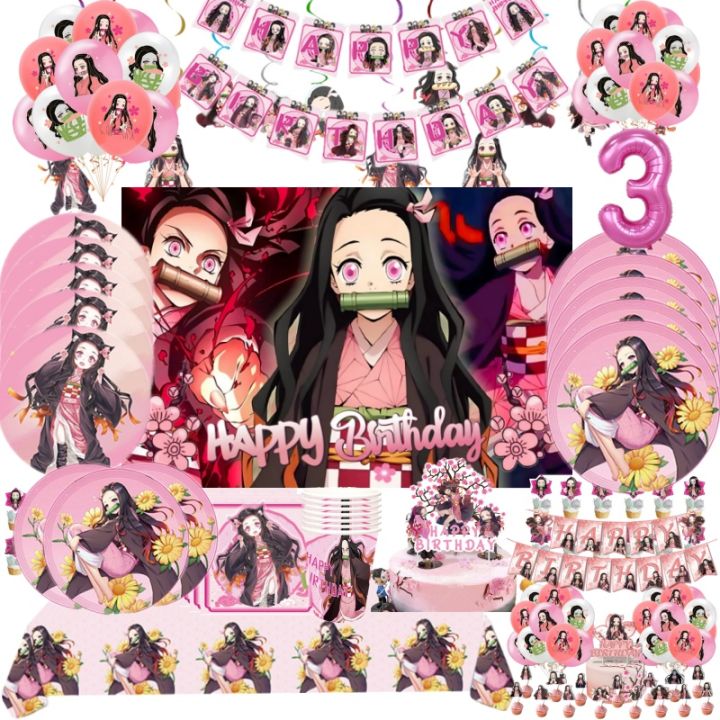 Demon Slayer Kamado Nezuko Theme Party Decoration Supplies Paper Cup Plate Tissue Spoon Baby Shower Balloon Girl Birthday Favors MuXiaRe