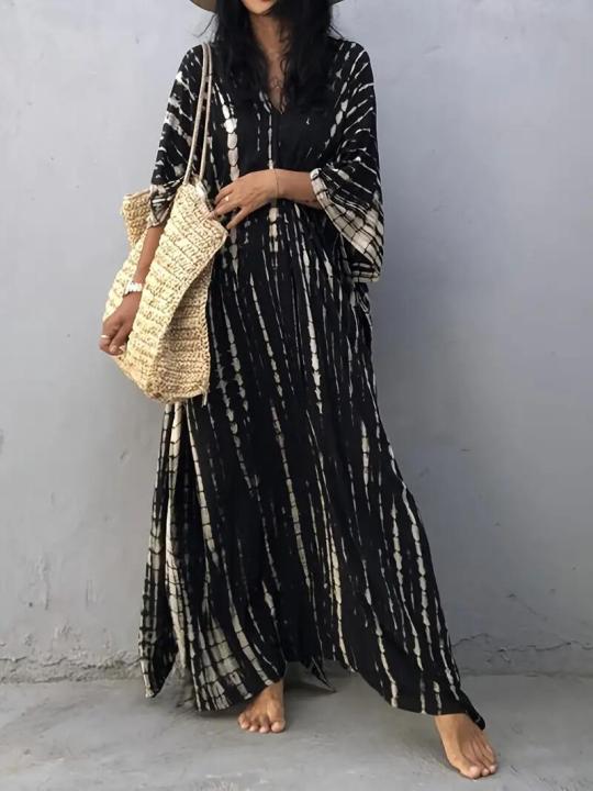 Plus Size Boho Cover Up Loose Dress Women Summer Tie Dye Kaftan Print Striped Bat Sleeve V Neck Split Maxi Beachwear Dress House Foocus