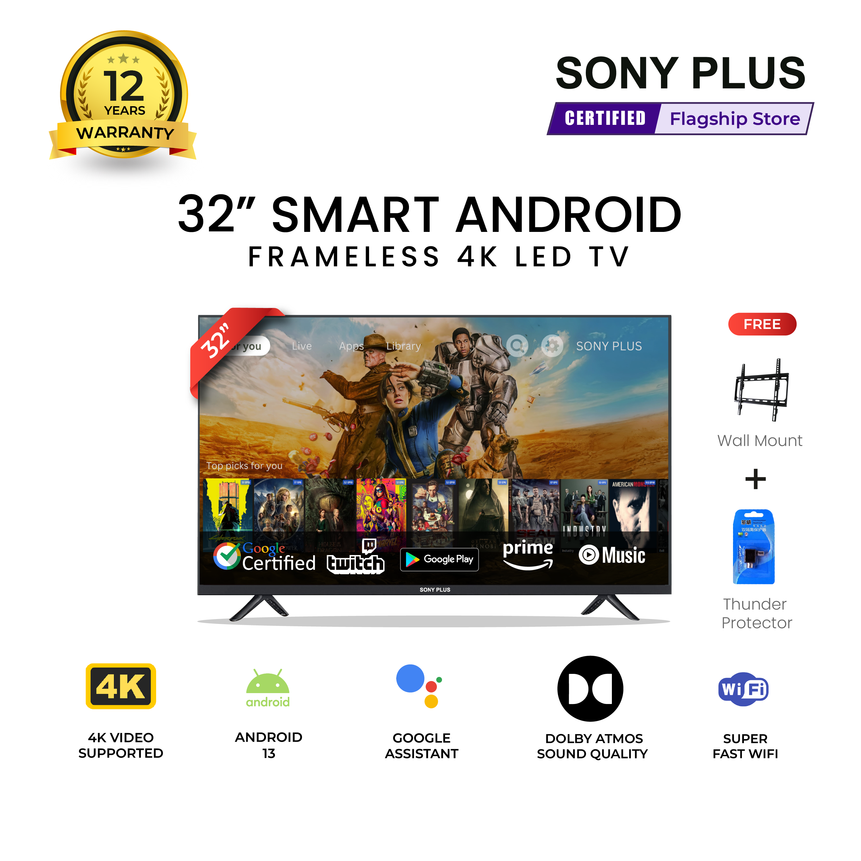 Sony Plus 32 inch Frameless Smart Android LED TV Full HD 4K Supported Television