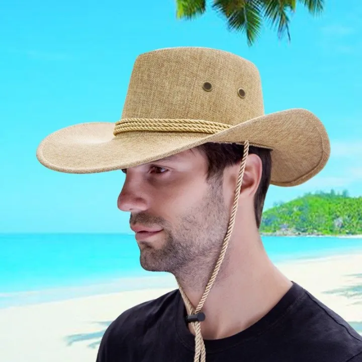 Sun%20Hat%20Men's%20Summer%20Outdoor%20High-End%20Sun%20Protection%20Hat%20Big%20Brim%20Trend%20Western%20Cowboy%20Hat%20Fishing%20Beach%20Straw%20Hat%20-%20Image%204