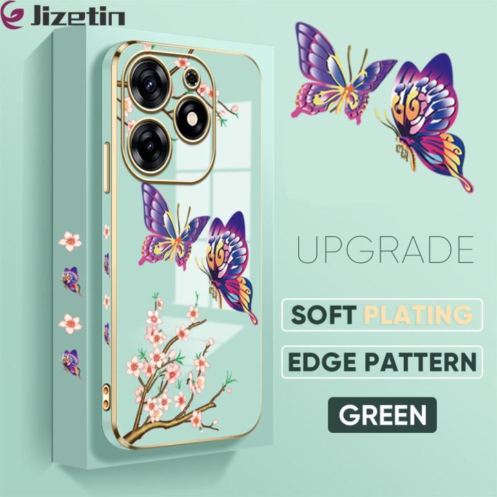 Jizetin (Free Lanyard) for Tecno Spark 10 Pro Back Cover Peach Blossom and Butterfly Luxury 6D Plating Case Side Pattern Soft Silicone Square Mobile Phone Cases
