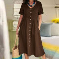 Women’s qualityful Solid Color Loose Short Sleeve Mid-long A-line Dresses V-neck Button Breasted Female Dress.