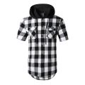 Black Red Plaid Hoodie Shirt Men Double Pocket Western Snap Casual Shirts Mens Short Sleeve Patchwork Streetwear Hoodies Shirts.