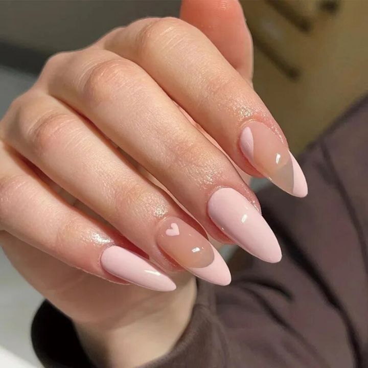 24pcs Nude Pink False Nails Love Design Detachable Nails French Lines Stiletto Point Nail Tips Press On Nail Art Stickers