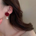 Wine Red Pearl Rose Flower Earrings Retro Wedding Ear Studs Chinese New Year Jewelry Earring Podazz. 