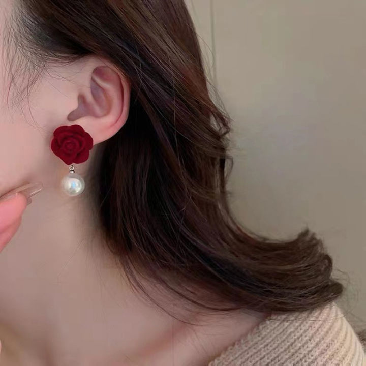 Wine%20Red%20Pearl%20Rose%20Flower%20Earrings%20Retro%20Wedding%20Ear%20Studs%20Chinese%20New%20Year%20Jewelry%20Earring%20Podazz%20-%20Image%202