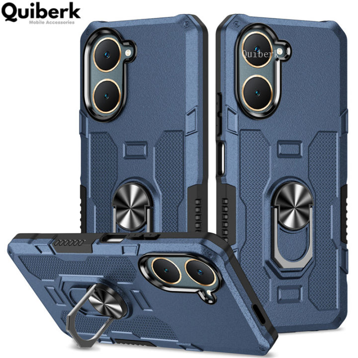 Quiberk for Vivo Y18 Y18s 4G Y28s 5G Hard Case Shockproof Armor Magnetic Ring Stand Back Cover