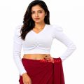 Elegant Long Sleeve Ribbed Crop Top Blouse with Puff Sleeves for Women.