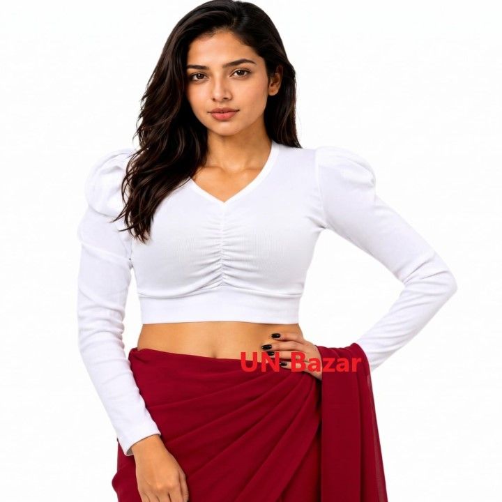 Elegant Long Sleeve Ribbed Crop Top Blouse with Puff Sleeves for Women
