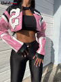 Weird Puss Faux Leather Women Jacket Hipster Letter Print Autumn Trend Casual Sporty Wild Streetwear Uniform Varsity Crop Coat.