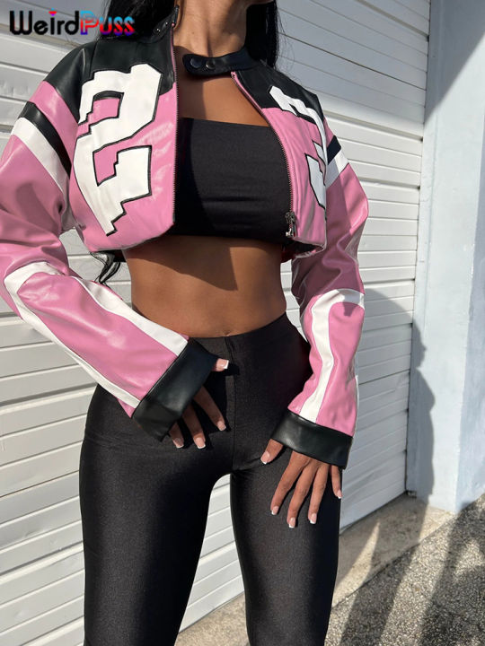 Weird Puss Faux Leather Women Jacket Hipster Letter Print Autumn Trend Casual Sporty Wild Streetwear Uniform Varsity Crop Coat