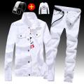 Spring Autumn Mens Denim Jacket + Jeans Pants Set Fashion Letters Printed Coat Trousers Two Piece Denim suit.
