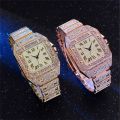 Men's Golden Watches Luxury Rhinestone Roma Dial Square Quartz Watch for Men Stainless Steel Wristwatches Relogio Masculino.