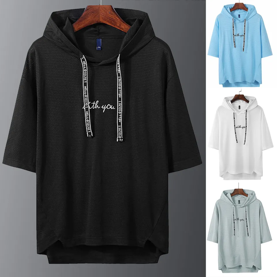 Men T-shirt Solid Color Hooded Simple Half Sleeve Loose Top for - Main Image