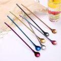 Round Threaded Straws 2 In 1 Stainless Steel Straw Spoon Reusable Straw Tableware Home Beverage Stirring Spoon Long Handle Dessert Coffee Spoon. 