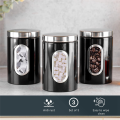 3 PCS Kitchen Canister Set with Secure Lids&Viewing Window Black Stainless Steel Suitable for Sugar, Tea, Coffee, Etc -Multi Food Storage Jars.
