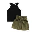2-Piece Girls Summer Outfits, Ribbed Off-Shoulder Tank Tops + Ruffle Skirt with Pockets for Kids, 9 Months to 5 Years. 