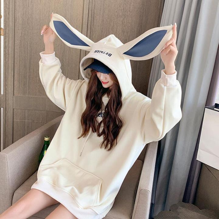 Sweet Cute Preppy Style Rabbit Ears Plus Velvet Thick Hoodies Women Loose Long Sleeve Pullover Kangaroo Pocket Tops Sweatshirt Daraz .bd