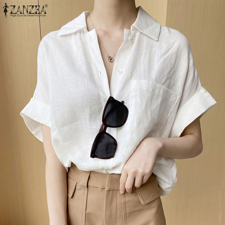 ZANZEA Korean Style Women Button Up Short Sleeve Shirt Summer Casual Loose Cotton Blouse Tops #10