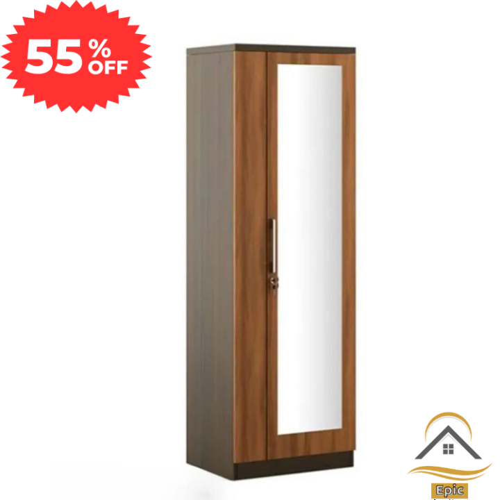 Modern One Door Almira in MDF Laminated Board Walnut Finish With Mirror  [ Size :  (HWD =180x45x38cm) ] Epic Furniture