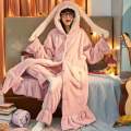 Autumn Winter Pajamas Sets For Women Flannel Thick Warm  Hooded Nightgown Plush Coral Fleece Sleepwear Long Sleeve Home Clothes. 