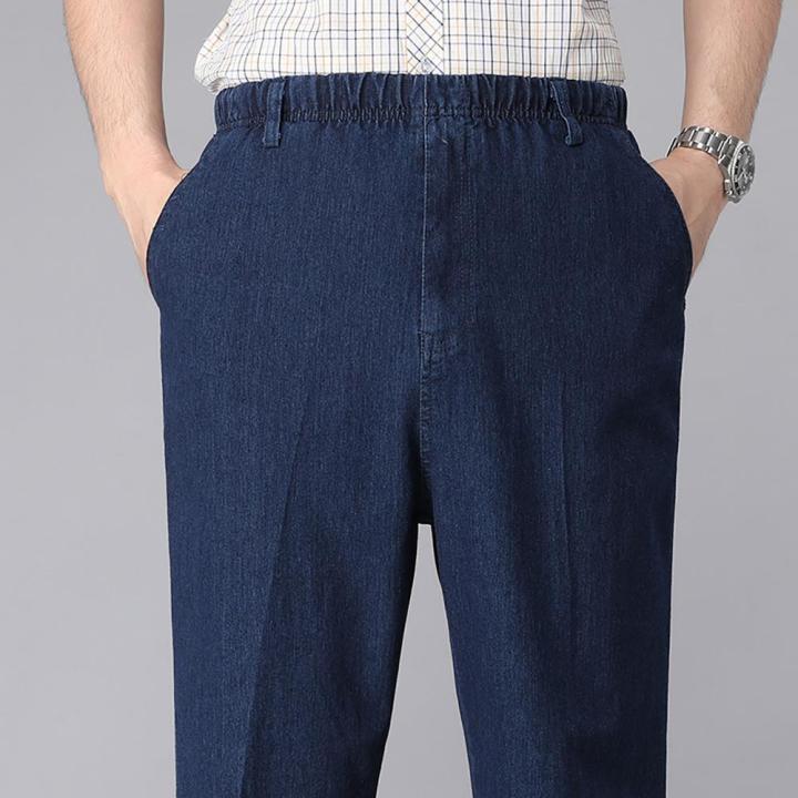 Men's%20Jeans%20Solid%20Elastic%20Belt%20Drawstring%20Straight%20Sleeve%20Denim%20Pants%20Elastic%20Middle%20and%20Old%20Men's%20Jeans%20-%20Image%204